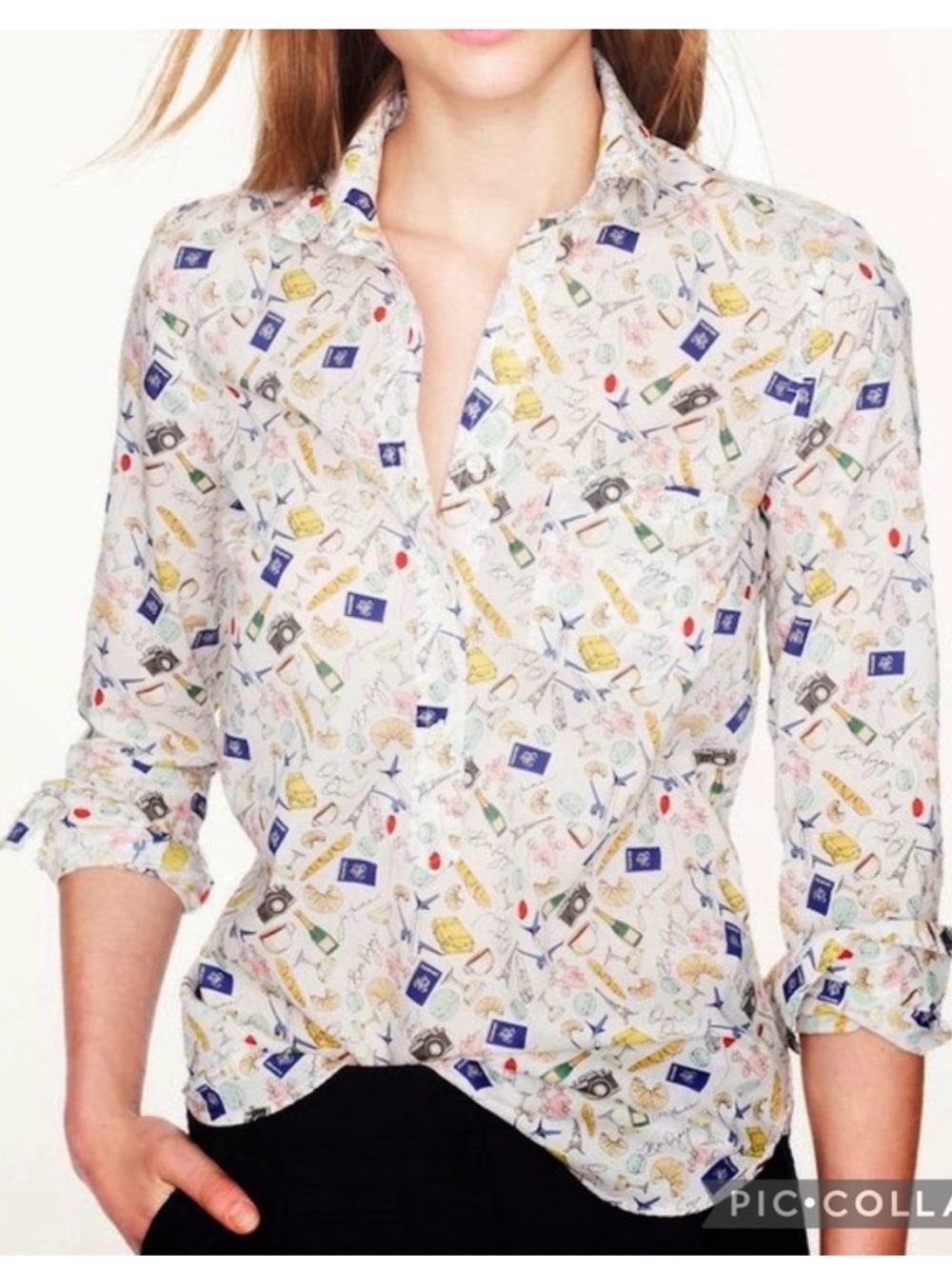 J. Crew 100% Cotton Button Up Paris French Print Popover Travel France